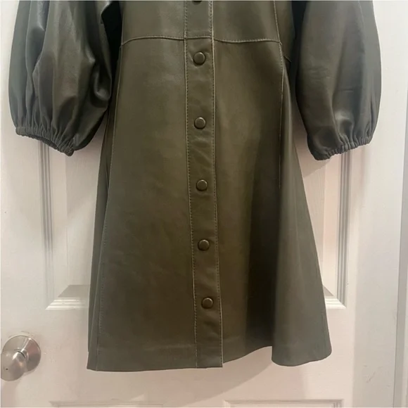 GANNI Leather Olive Green Meranti Puffed
Sleeve Dress Goddess - Size 38 EU/ 8 US - Picture 8 of 14